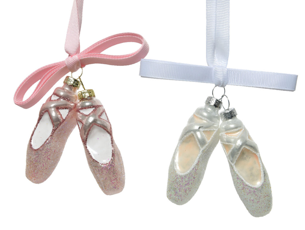 Christmas tree ornaments, pair of glass ballet shoes with ribbon, in pink or white
