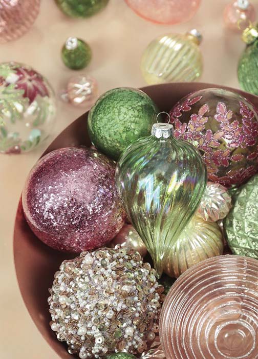 Dobbies baubles in greens and pinks